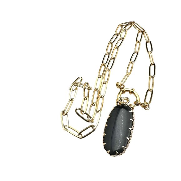 Black Onyx Turquoise Gemstone Pendant Necklace 18K Gold Plated Chain 17 Inch - Picture 9 of 9